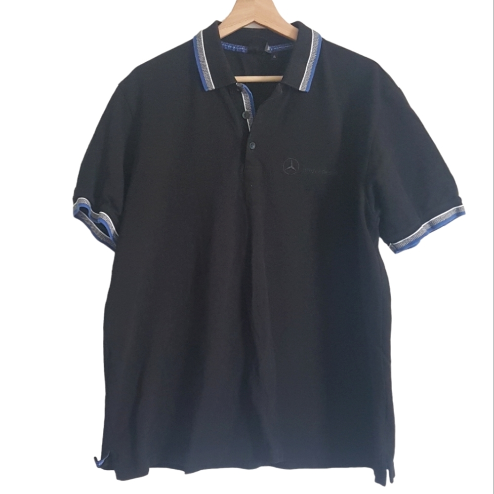 Mercedes Benz Polo Shirt Cotton Black Short Sleeve Luxury Car Logo Size XL